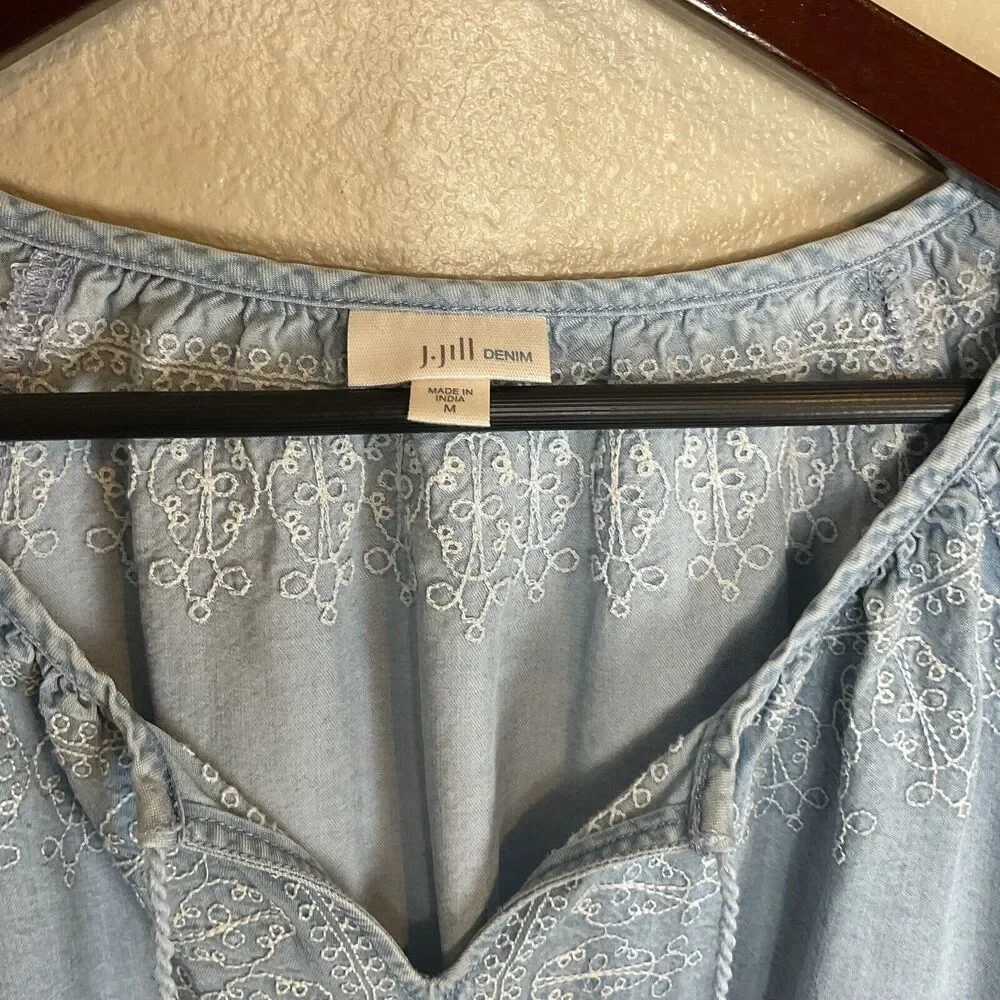 J Jill Denim Womens Chambray Embroidered Top Size M Blue Long Sleeve Tassel Boho - Picture 8 of 10